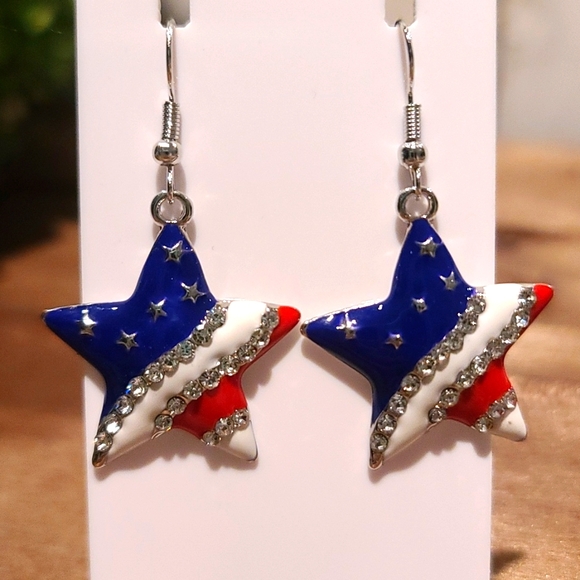Jewelry - STAR Dangle Earrings  USA PATRIOTIC with Rhinestones NWT